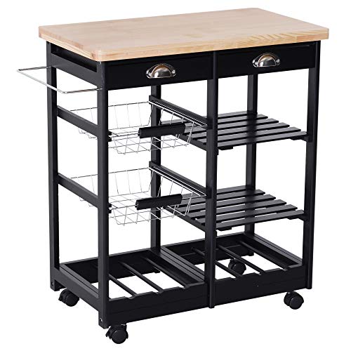 HOMCOM Carrello da Cucina con Ruote Cassetti e Portabottiglie in Legno Nero  74x37x76cm